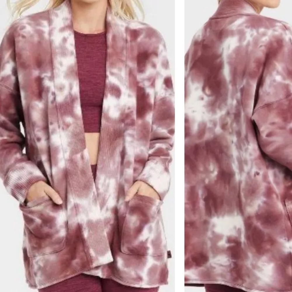 JoyLab NEW French Terry Comfy Oversized Maroon Tie Dye Cardigan Size Medium